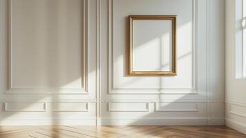 A blank gold picture frame hanging on a wall in a classical interior with white paneling and light wood floors. photo