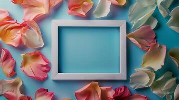 A vintage-inspired creative white frame with colorful pastel petals as background. photo