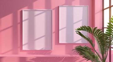 Two vertical white frame mockups on pink wall and large plant next to it. photo