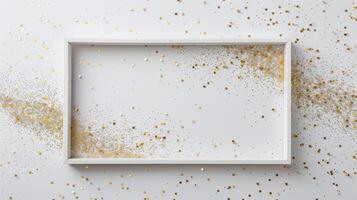 A white rectangular frame with gold glitter sprinkled on it with a simple background. photo