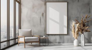 An empty vertical picture frame hanging on the wall in a contemporary living room. photo