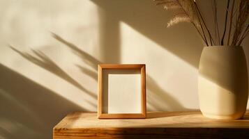A wooden picture frame for photos, in the style of Japanese minimalism. photo