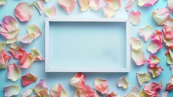 A vintage-inspired creative white frame with colorful pastel petals as background. photo