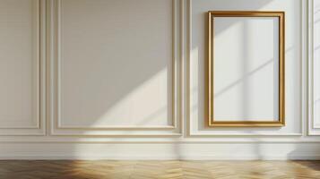 A blank gold picture frame hanging on a wall in a classical interior with white paneling and light wood floors. photo