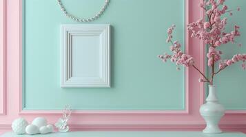 A photo frame, white empty mock up hanging on the pale pink wall in classic style.