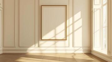 A blank gold picture frame hanging on a wall in a classical interior with white paneling and light wood floors. photo