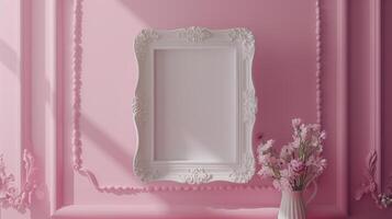 A photo frame, white empty mock up hanging on the pale pink wall in classic style.