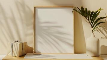 An empty frame mock up on a table next to the gift box. photo