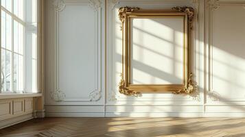 A blank gold picture frame hanging on a wall in a classical interior with white paneling and light wood floors. photo