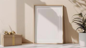 An empty frame mock up on a table next to the gift box. photo