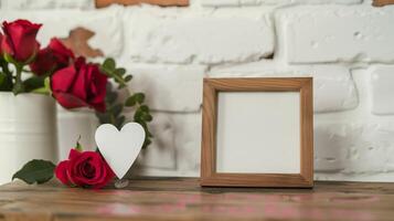 A wooden frame on the table decorated for St. Valentine's Day with many red rose are in the base. photo