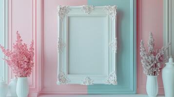 A photo frame, white empty mock up hanging on the pale pink wall in classic style.