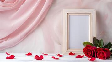 A wooden frame on the table decorated for St. Valentine's Day with many red rose are in the base. photo