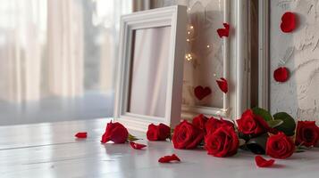 A wooden frame on the table decorated for St. Valentine's Day with many red rose are in the base. photo