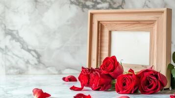 A wooden frame on the table decorated for St. Valentine's Day with many red rose are in the base. photo