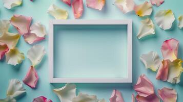 A vintage-inspired creative white frame with colorful pastel petals as background. photo