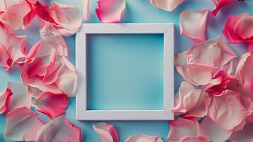 A vintage-inspired creative white frame with colorful pastel petals as background. photo