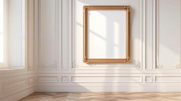 A blank gold picture frame hanging on a wall in a classical interior with white paneling and light wood floors. photo