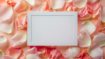 A vintage-inspired creative white frame with colorful pastel petals as background. photo