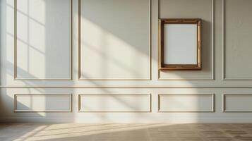 A blank gold picture frame hanging on a wall in a classical interior with white paneling and light wood floors. photo