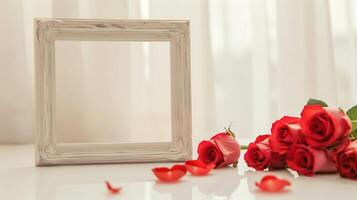 A wooden frame on the table decorated for St. Valentine's Day with many red rose are in the base. photo