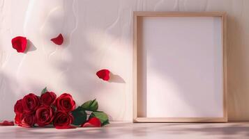 A wooden frame on the table decorated for St. Valentine's Day with many red rose are in the base. photo