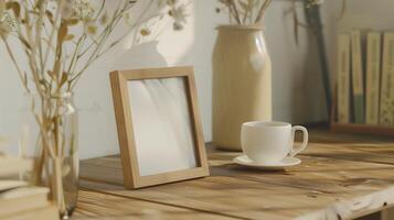 A wooden picture frame for photos, in the style of Japanese minimalism. photo