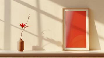A simple wooden frame with a vibrant red poster hanging on the wall. photo