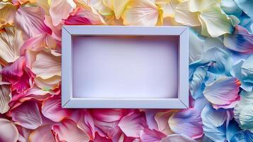 A vintage-inspired creative white frame with colorful pastel petals as background. photo