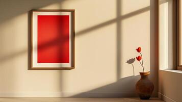 A simple wooden frame with a vibrant red poster hanging on the wall. photo