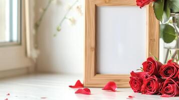 A wooden frame on the table decorated for St. Valentine's Day with many red rose are in the base. photo