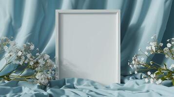 A white frame mockup, against a blue blanket with white flowers. photo