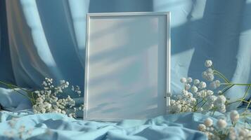 A white frame mockup, against a blue blanket with white flowers. photo