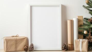 An empty frame mock up on a table next to the gift box. photo