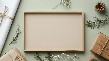 An empty frame mock up on a table next to the gift box. photo