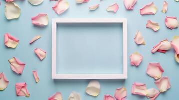 A vintage-inspired creative white frame with colorful pastel petals as background. photo