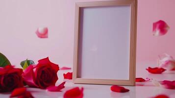 A wooden frame on the table decorated for St. Valentine's Day with many red rose are in the base. photo