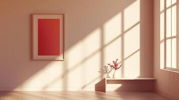 A simple wooden frame with a vibrant red poster hanging on the wall. photo