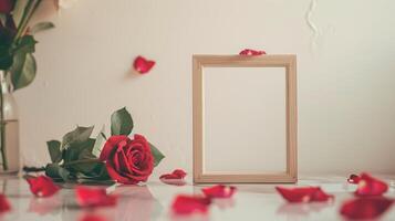 A wooden frame on the table decorated for St. Valentine's Day with many red rose are in the base. photo
