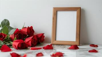 A wooden frame on the table decorated for St. Valentine's Day with many red rose are in the base. photo