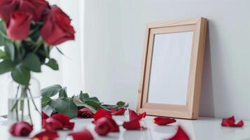 A wooden frame on the table decorated for St. Valentine's Day with many red rose are in the base. photo