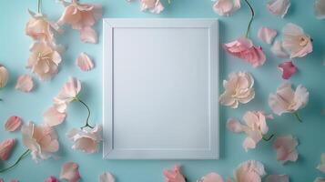 A vintage-inspired creative white frame with colorful pastel petals as background. photo