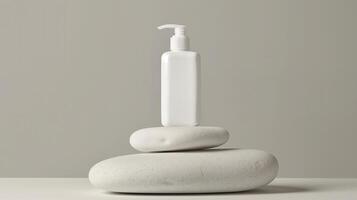 A bottle of skincare product on the top of large stones stacked together. photo
