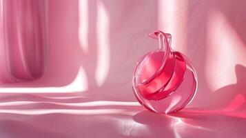 A pink perfume bottle made of red glass with flowing and undulating lines. photo