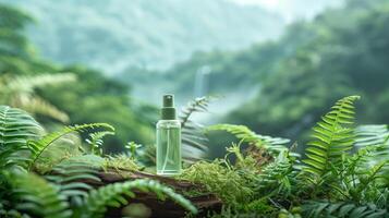 A bottle of green beauty product is placed on a horizontal piece of dry wood in the middle. photo