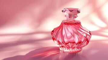 A pink perfume bottle made of red glass with flowing and undulating lines. photo