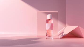 A bottle of pink perfume with a white cap stands on the ground, with a pink background. photo