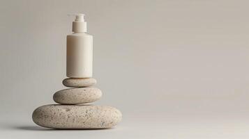 A bottle of skincare product on the top of large stones stacked together. photo
