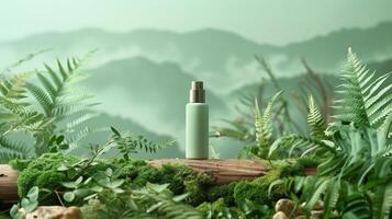 A bottle of green beauty product is placed on a horizontal piece of dry wood in the middle. photo
