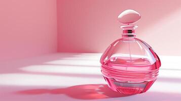 A pink perfume bottle made of red glass with flowing and undulating lines. photo